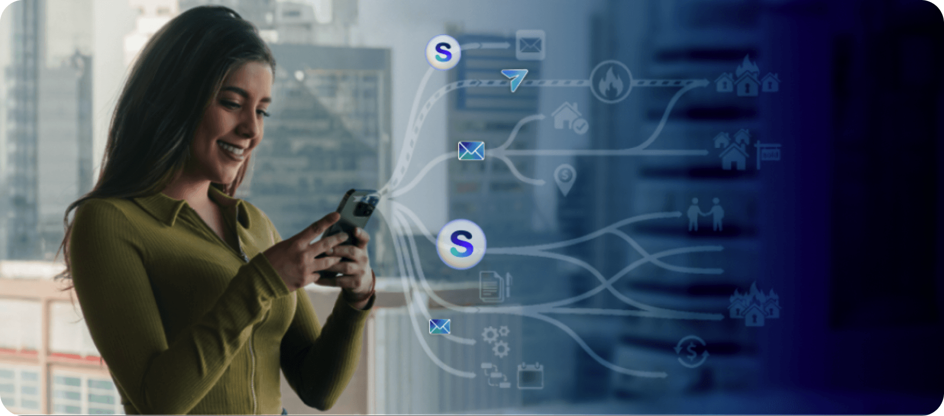 A woman smiling at her phone by a city window, with Selas® “S” marks and a branching network of icons — email, messaging, contacts — flowing from her device, illustrating personalised client outreach.