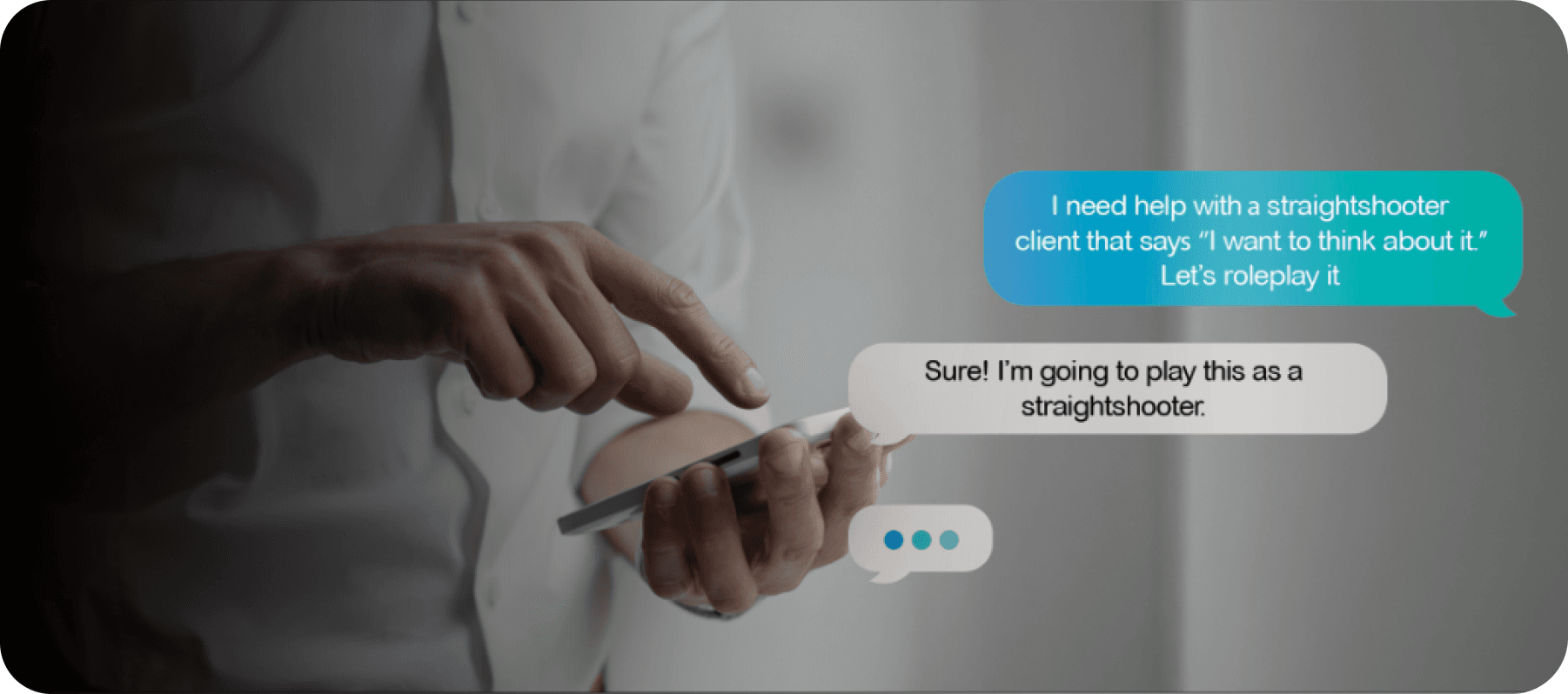 A hand holding a phone running a Selas® sales role-play — chat bubbles show a “straightshooter” client scenario and Selas® offering to roleplay the response.