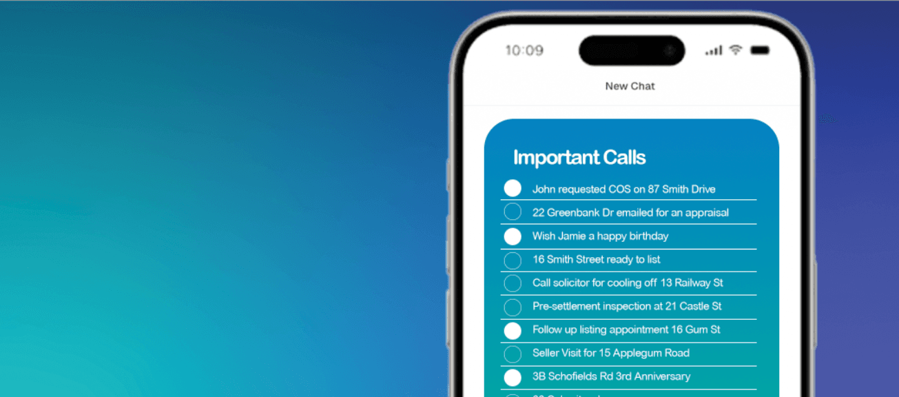 An iPhone shows a "New Chat" screen with a list of important calls — appraisal requests, follow-ups, and birthday reminders — over a teal-to-blue gradient background.