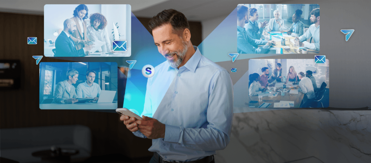 A team leader holds a phone surrounded by floating cards showing other teams on video calls — symbolizing oversight of multiple branches at once.